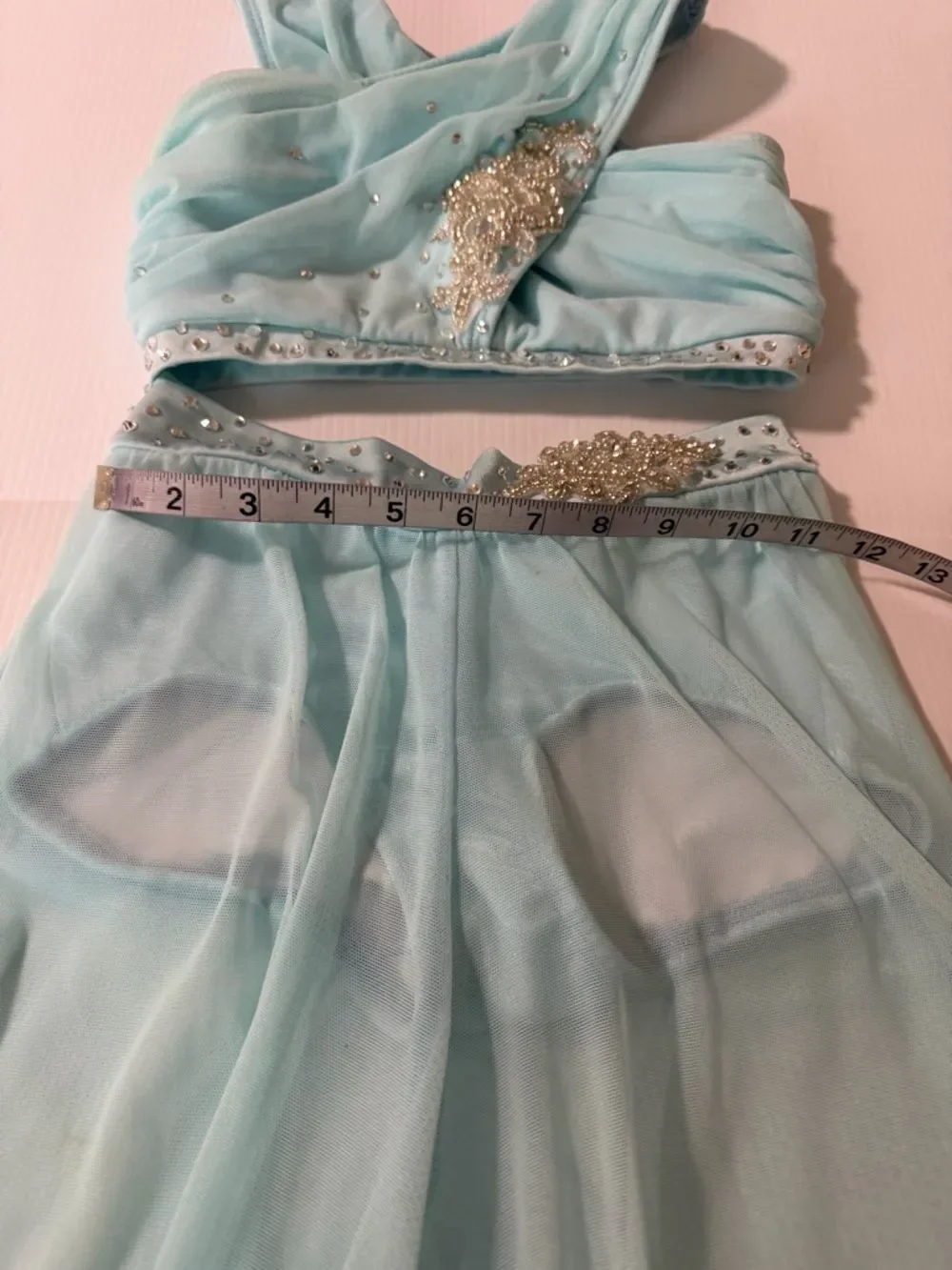 The Line up solo dance costume 2 piece blue wide leg illusion XXS adult